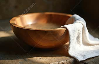 Wooden foot-washing bowl filled water. White towel hangs. Humility service. Faith christian ritual. Reverence devotion. Spiritual