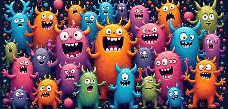 Colorful doodle monster art background. Cute cartoon characters illustration with funny faces. Happy monsters in cartoon style.