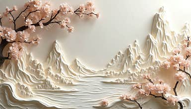3D bas-relief wallpaper with Japanese cherry blossom branches, mountains. Delicate vintage decor with floral pattern. Perfect for