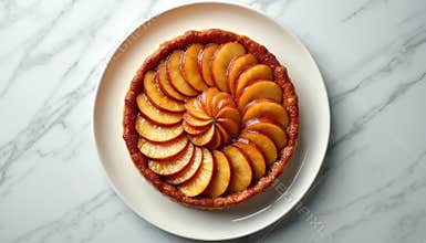 Overhead view of delicious caramelized Tarte Tatin dessert. Apple slices arranged on pie with golden crust. Famous french cuisine