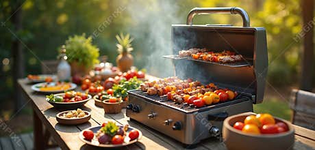 Outdoor BBQ with family. Grilled meat, vegetables on skewers, plates with fresh tomatoes. Sunny summer afternoon at home.