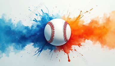 Baseball illustration with dynamic splash effect in blue, orange colors. Baseball ball main object. Perfect image for baseball