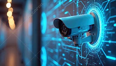 AI security camera mounted on wall with digital data streams. Modern tech cctv video surveillance system, smart wireless