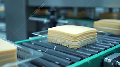 Cheese Slices On Automated Green Conveyor Belt in Food Processing Factory With Plastic Packaging and Assembly Line Manufacturing