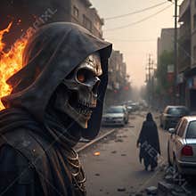 Grim Reaper Skeleton in Hooded Cloak, Apocalyptic City Street
