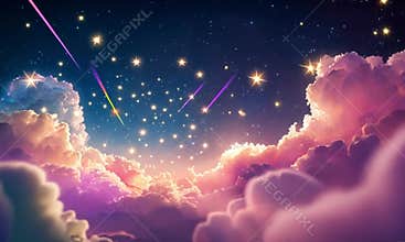 Magical night sky with falling stars and dreamy clouds.