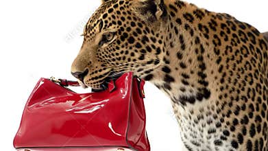 Leopard Holding Red Handbag in Mouth, Fashion Concept Animation