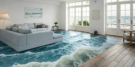 Modern living room with a realistic ocean wave floor and large windows overlooking the sea