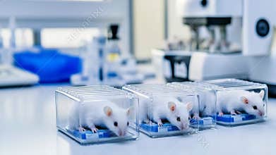 Laboratory mice in transparent containers on sterile lab bench