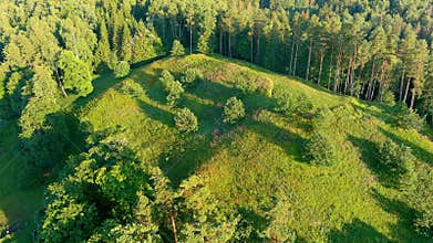 Scenic aerial view of Stirniai mound. Neris Regional Park, Vilnius, Lithuania.