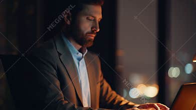 Unknown author writing copybook evening table closeup. Copywriter typing laptop