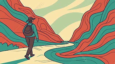 Person Hiking in a Vibrant Mountain Landscape, Outdoor Adventure, vector design Generative AI