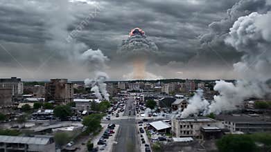 Drone view of a city at war with a large nuclear explosion in the background. Dark and apocalyptic scene