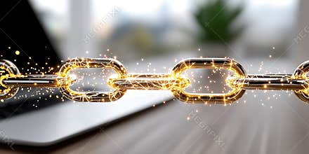 Generative AI Golden Chain Links on Laptop Symbolizing Blockchain Technology and Digital Security for Online Busin