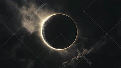 Golden ring of fire solar eclipse glowing brilliantly behind dark clouds and twinkling stars, creating a breathtaking and awe
