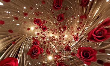 Fantastic visualization of a swirl of red roses, shining light particles and shimmering metallic threads