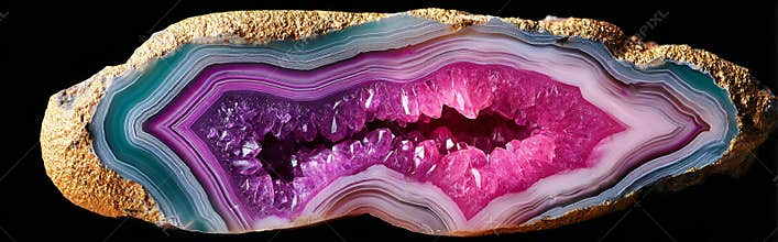 Agate semiprecious geode with purple-pink crystal center and green-blue edge in macro view