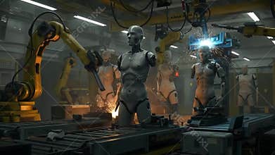 Advanced Robotics in Industrial Manufacturing - Humanoid Machines and Robotic Arms Working in High-Tech Factory 4K Video Footage