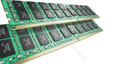 DDR RAM chip memory cards isolated on white. 3d animation