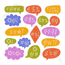 Colorful crayon speech bubbles with angry swearing symbols