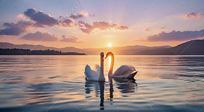 Romantic sunset scene featuring two swans gracefully floating on calm water