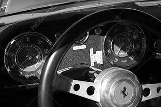 Vintage ferrari sports car gauges up b&w