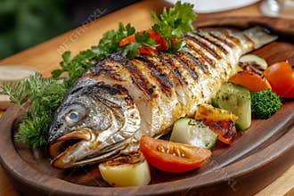 Whole grilled fish rests on a wooden platter, beautifully presented with an array of fresh vegetables and vibrant green garnish