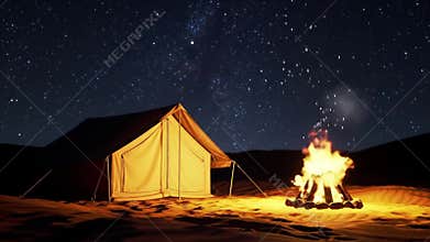 Camping Under Starry Sky with Tent and Campfire at Night