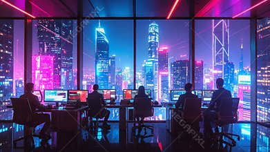 Programmers working in modern office overlooking futuristic skyline.