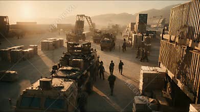 Military Convoy at Sunset: Soldiers and Armored Vehicles in Desert Logistics Base