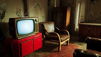 Retro abandoned room with vintage television and aged furniture