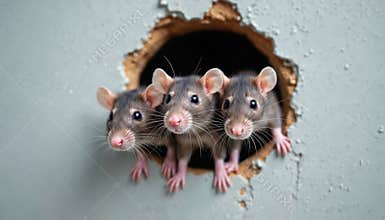 Three rats peep from hole in wall. Pest control concept. Rodents, vermin, mouse. Unwanted home guests cause disease. Pest