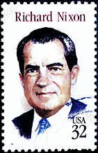 A 1995 US postage stamp honoring Richard Nixon, featuring his portrait and a 32-cent denomination.