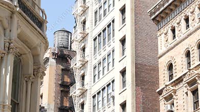 New York City Broadway, Manhattan midtown building corner architecture. Residential house exterior.