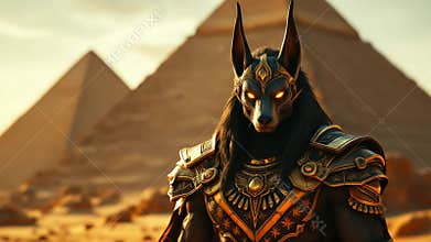 The majestic Anubis Guardian stands watchfully at the grand Pyramids
