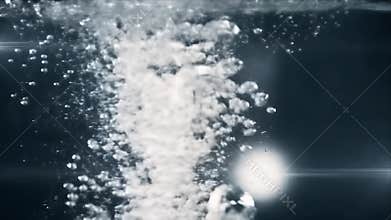 Abstract Underwater Eruption: White Substance Dissolving in Dark Water, Bubbles Rising