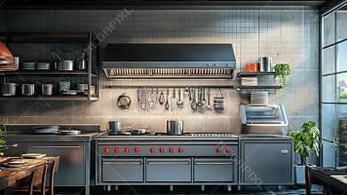 Professional kitchen showing utensils hanging and stove with red knobs