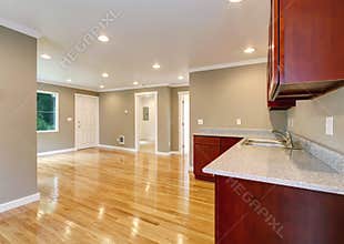 House interior. Empty living room with kitchen area
