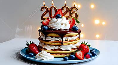 Festive dessert 2026, pancakes with chocolate glaze and gold candles.