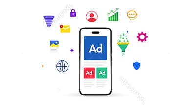 Mobile advertising and digital marketing concept with colorful icons representing online promotion,