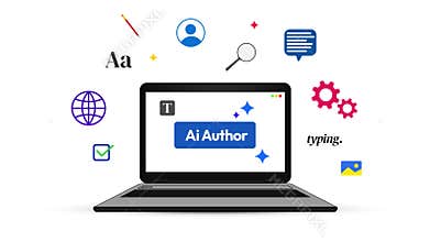 Animated AI Author Interface on Laptop Screen with Icons Representing Digital Writing, Content Creation