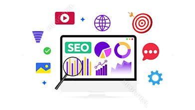 Modern Digital Marketing and SEO Strategy Visualization with Icons Representing Online Tools, Analytics