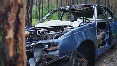An Abandoned Blue Car Found in a Secluded Forest Area, Surrounded by Natures Beauty
