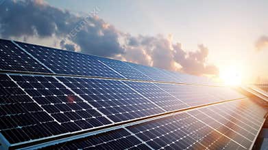 Photovoltaic (PV) solar panels installed on a roof at golden hour