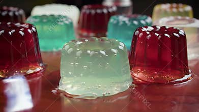 Delicious Colorful Jell-O Desserts Close Up View on Dark Red Table Ready To Be Served Perfect for Decoration Party Birthday