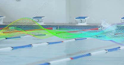 Female swimmer crouching on block 4 then diving forward for sports training with color wave overlay
