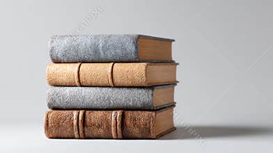 Vintage leather bound and fabric covered books stacked, revealing aged spines and textures representing scholarly wisdom