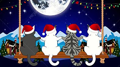 Cat swing under the moonlight, whimsical Christmas silhouettes.