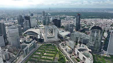 Aerial Drone view of Business District La Defense in Paris Downtown with Skyscrapers, Office Buildings