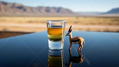 Shot of Mampoer a traditional south african fruit brandy with a scenic view of the Karoo desert